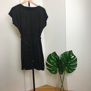 Black A-Line Dress, Beaded Shoulder With Tie Waist